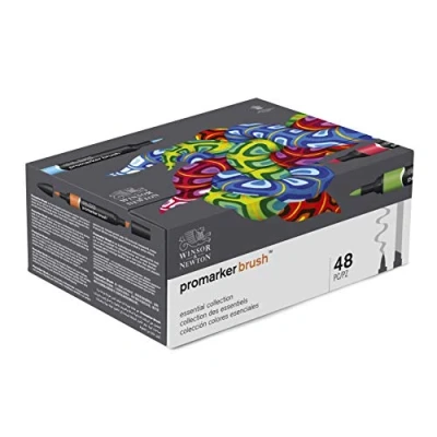 Imagen de Winsor &amp; Newton Promarker Brush Set de 48 Rotuladores Doble Punta, Punta Pincel, Tinta Base Alcohol, Colección Colores Esenciales