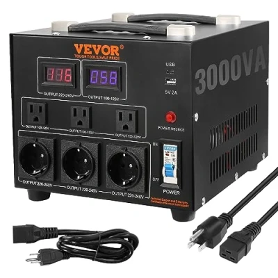 Imagen de VEVOR Transformador Convertidor de Voltaje Sube/Baja 220 110V/110 220V 3000 W CE con 3 Enchufes NEMA 5 15R Pines EE.UU., Shucko Europeos, 1 Conector USB, Tipo C