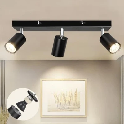 Imagen de Dehobo Lampara Focos Techo con 3 Giratorios, Lámpara de Pared Interior LED Negro Ajustables GU10, Foco Aluminio para Iluminación Dormitorio Pasillo Cocina, Sin Bombilla