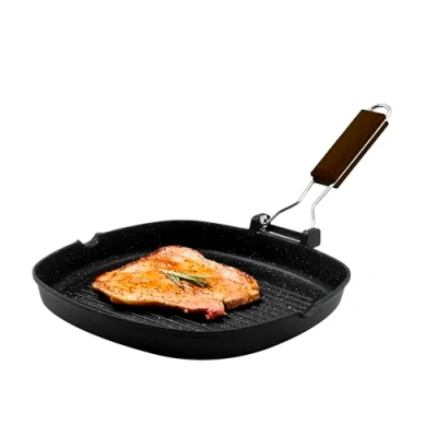 Imagen de Zanetti, Parrilla de 28 x cm, plancha aluminio fundido a presión gran espesor, placa grill apta para placas inducción, mango plegable