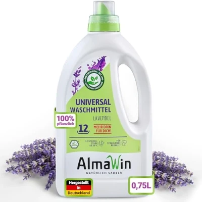 Imagen de AlmaWin detergente líquido de 750 ml botella I potente y respetuoso con el medio ambiente, suficiente para aprox. 11 lavados, libre fragancias colorantes sintéticos, vegano