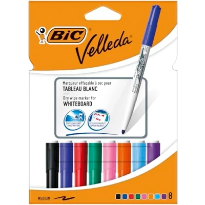Imagen de BIC Velleda Rotuladores de Pizarra Blanca, Punta Media (4,5mm), Óptimo para Uso Escolar y Oficinas, Colores Surtidos, Caja 8
