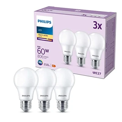 Imagen de Philips Bombilla LED clásica mate 8W (Eq. 60W) 806 lúmenes, casquillo E27, Luz Cálida (2700K) Pack de 3 Bombillas