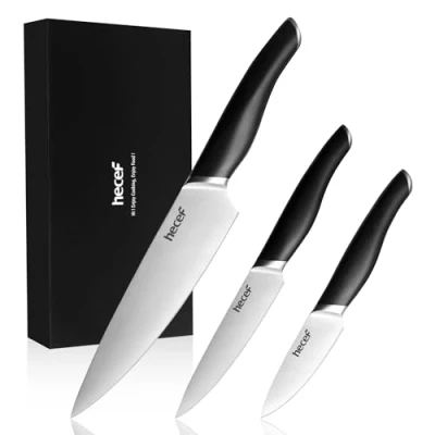 Imagen de hecef Juego de Cuchillos Cocina Profesional, 3 Piezas Set Acero Inoxidable con Mango ABS Negro y Caja Regalo Cuchillo Pelador, Multiusos Chef