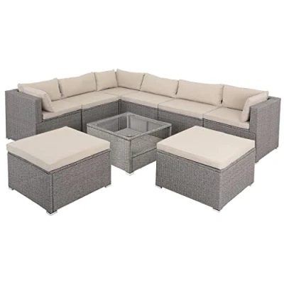 Imagen de CASARIA® Conjunto de Jardín Exterior 8 Personas 26Pzas Combinables Mesa Cristal Seguridad 5mm Mueble Esquina Cojines Lavables Salón Terraza Beige