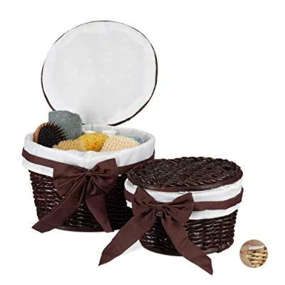 Imagen de Relaxdays Set de dos cestos almacenaje, Con tapa, Madera Buri, Redondos, Trenzado, Marrón oscuro
