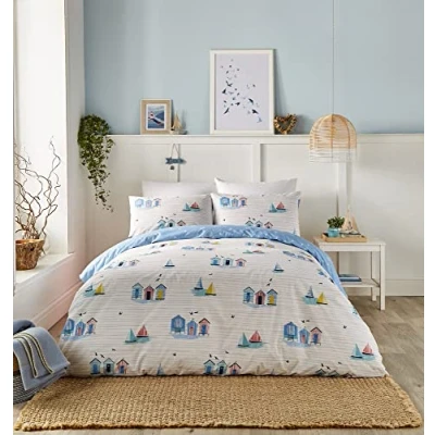 Imagen de Fusion Beach Huts Juego de Funda nórdica Cama Individual en Color Azul