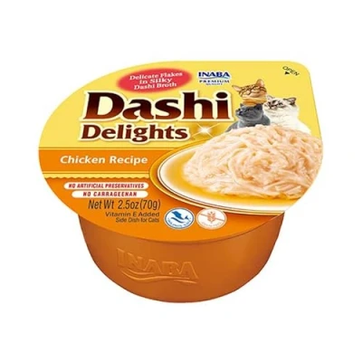 Imagen de INABA Dashi Delights Trozos en un Caldo de Copos Bonito con Pollo Delicioso y Saludable Topping Alto Contenido proteínas Ingredientes Naturales Comida para Gatos 1 x 70g