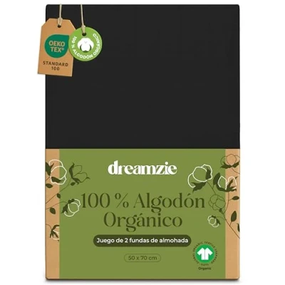 Imagen de Dreamzie Funda de Almohada 50x70 cm Algodón Orgánico Juego 2 100% Negro Algodon con Cremallera Oeko Tex