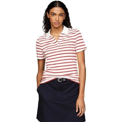 Imagen de Tommy Hilfiger 1985 SLIM Stripe Polo, Mujer, Talla: Medium, Breton ecru/terra red