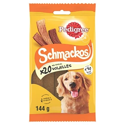 Imagen de Pedigree Schmackos Recompensas Mezcla sabores Aves de Corral para Perros golosinas con 9 bolsitas 144g