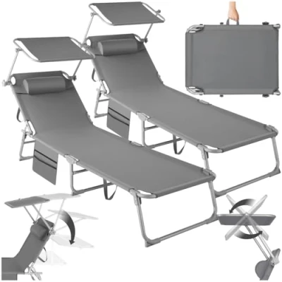Imagen de TecTake® Set de 2X Tumbonas Jardín Exterior, Plegables con Reposacabezas, Parasol y Bolsillo Lateral, Playa Reclinables 4 Posiciones, Tumbona Piscina Resistente a Intemperie Gris