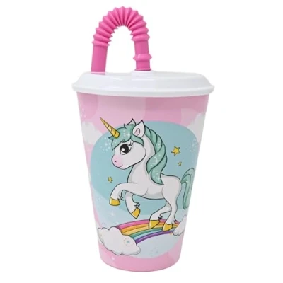 Imagen de damaloo Taza infantil con tapa y pajita, diseño de unicornio, 0,4 l, vaso pajita para niños, sin BPA, aprender a beber unicornio