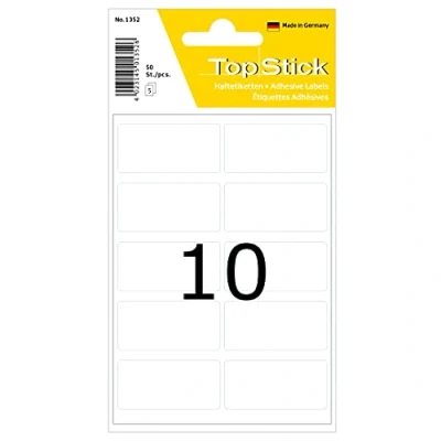 Imagen de TopStick 1352 Etiquetas multiusos, paquete de 10 (19 x 40 mm, 50 hojas, papel, mate) autoadhesivas, pegatinas universales permanentes para rotulación a mano, 500 adhesivos blancas