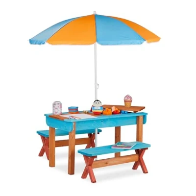 Imagen de Relaxdays Mobiliario Infantil para jardín, Set con Mesa, Dos Bancos y sombrilla, Muebles de Exterior, Madera, Multi Color