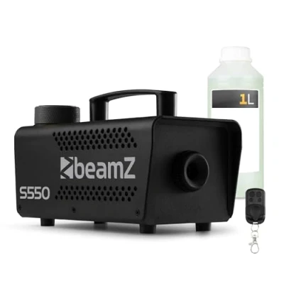 Imagen de BeamZ S550 Máquina de humo 550W, 50 m3/min, tanque 250ml, calentamiento 2,5 min, control remoto, botón en mango, compatible con líquidos aromatizados, ideal para fiestas y eventos.