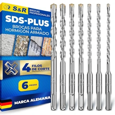 Imagen de S&amp;R Juego de brocas SDS Plus / 4 cortes 6/7 piezas para hormigón, piedra y granito (7 piezas/SDS 5 12mm)