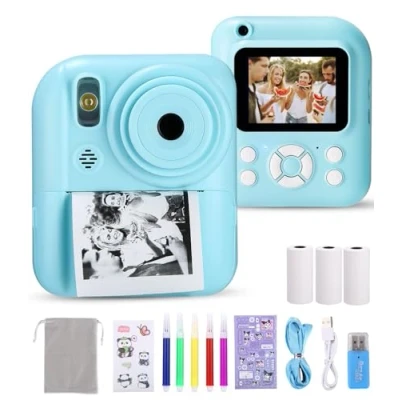 Imagen de Ixydor niños cámara instantánea,1080P 2.4 Pulgadas de Pantalla la instantánea los niños,los vídeo con Papel impresión y Tarjeta 32 GB (Azul)