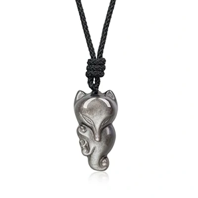 Imagen de COAI Collar con Colgante Zorro de Obsidiana Piedra Natural Plateada para Hombre y Mujer