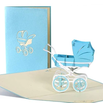 Imagen de Tarjeta felicitacion bebe. Tarjetas regalos emergentes para nacimiento bebe o cumpleaños niño. Invitaciones baby shower con carrito azul y sobre, G13.2