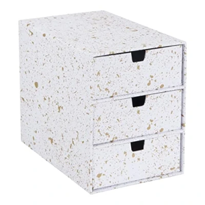 Imagen de Bigso Box of Sweden Cajonera pequeña para documentos y material de oficina Organizador con 3 cajones Caja tablero fibras papel motas doradas