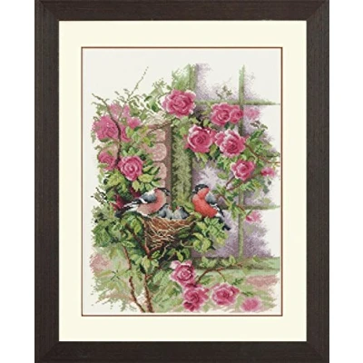 Imagen de LANARTE Zählmusterpackung Vogelnest Kit de Punto Cruz contado: pájaros anidados en Rosa Rambler, Cotton, Colores Variados, 29x39x0.3 cm
