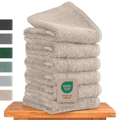 Imagen de Hausfelder Set de Toallas Invitados Premium con Lazo para Colgar 100% algodón Certificado Oeko Tex, pequeñas, Suaves y absorbentes (Beis, 6 pequeñas 50x30 cm)
