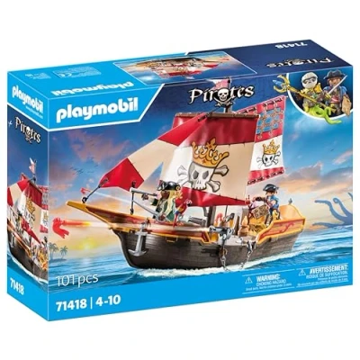 Imagen de PLAYMOBIL Pirates 71418 Barco Pirata, emocionantes Aventuras en Alta mar, con Accesorios completos como un telescopio, brújula y cañones, Juguetes para niños a Partir de 4 años