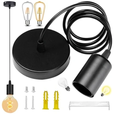 Imagen de dcas Negro Portalámpara De Metal Colgante, Portalámparas Colgante Con Anillo Espiral, Ajustable Cable Lampara Techo E27 Casquillos, 220V 250V (100cm)