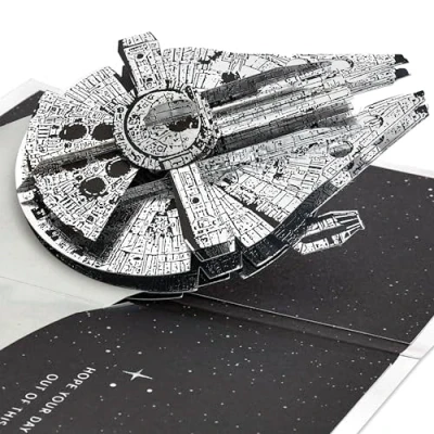 Imagen de Hallmark Star Wars Halcón Milenario, tarjeta 3D y desplegable, para cualquier ocasión, cumpleaños, día del padre, Han Solo, temática espacial, plata