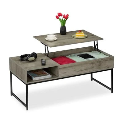 Imagen de Relaxdays Mesa de Centro Abatible, Mesita Baja, 45x110x50 cm, Compartimento Lateral y Almacenamiento, Metal, Gris, Tablero Fibras