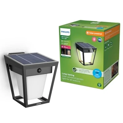 Imagen de Philips Nissa Luz de pared exterior solar con sensor movimiento UltraEficiente, 3000K, 250/25lm, Negro
