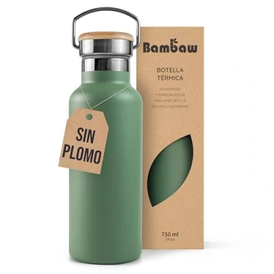 Imagen de Bambaw Botella térmica 750ml, agua verde, acero inoxidable gimnasio, Termo agua, reutilizable Verde salvia