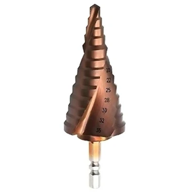 Imagen de Meichoon Large Broca Escalonada 6 35mm HSS M35 Cobalto Conica, Mango Hexagonal Ranura en Espiral Perforadora de Taladrao Cutting Enlarge Stainless Steel Quenching Plate PCV Sheet DC1605
