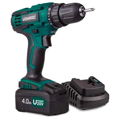 Imagen de VONROC Taladro inalámbrico VPower 20V juego completo con 4.0Ah batería, cargador rápido, puntas de destornillador y bolsa almacenamiento