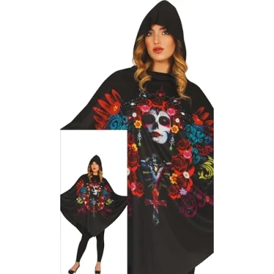 Imagen de FIESTAS GUIRCA Disfraz de Poncho Día los Muertos para Mujer Negro con Estampado Calaveras Disfraces Halloween Talla L