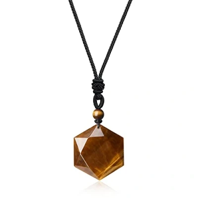 Imagen de COAI Collar con Colgante Hexágono Estrella de David en Ojo Tigre Piedra Natural para Hombre y Mujer
