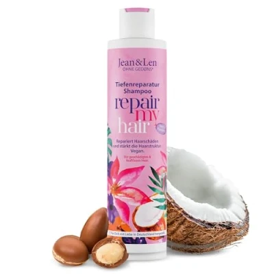 Imagen de Jean &amp; Len Champú Reparador Aceite de Coco y Macadamia, para cabello dañado débil, previene la pérdida hidratación, repara el daño capilar, sin parabenos ni siliconas, vegano 300 ml
