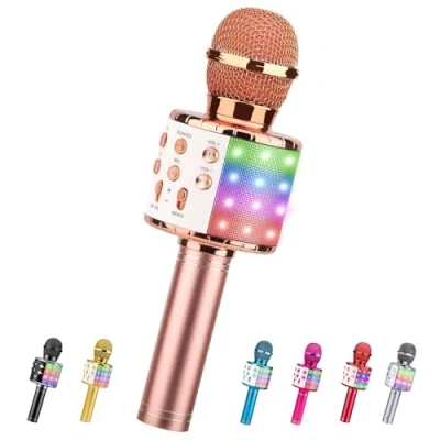 Imagen de ShinePick Microfono Inalámbrico Karaoke, Micrófono Karaoke Bluetooth Portátil con Altavoz y LED para Niños Canta Partido Musica, Compatible Android/iOS PC, AUX o Teléfono Inteligente (Oro Rosa)