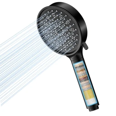 Imagen de Cobbe Alcachofa de ducha con filtro, cabezal baño alta presión, universal 6 modos boquilla, grande y fuerte para filtro agua dura (negro)