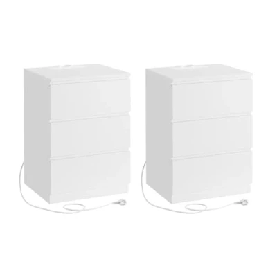 Imagen de VASAGLE Mesitas de Noche con Estación Carga, Juego 2, Mesas Auxiliares 3 Cajones, 2 Tomas CA, Puertos USB, para Salón, Dormitorio, Estudio, Moderno, Blanco Nube LET831W14