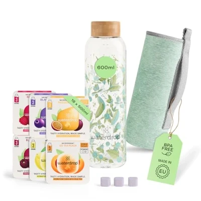 Imagen de waterdrop® Starter Set Botella de Vidrio + 18 Microdrinks para Disolver en 6 Variedades Frutas Paquete Degustación, 600 ml A Prueba Fugas Apta Bebidas Carbonatadas