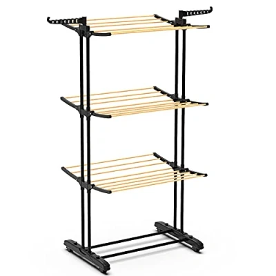 Imagen de VOUNOT Tendedero Vertical Tipo Torre, Tendedores de Ropa Plegable, Estantes Secado Metal con 6 Alas Plegables y 4 Ruedas, Aspecto Madera, 3 Niveles