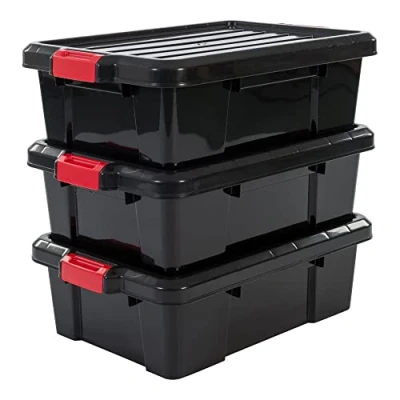 Imagen de Iris Ohyama, Juego de 3 cajas almacenamiento para bricolaje, 25 L, con cierre a presión, apilable, garaje Power Box SK 230 Negro
