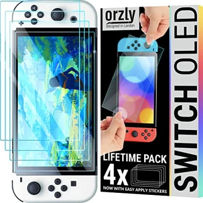 Imagen de Orzly Paquete de protectores pantalla para la consola OLED Nintendo switch modelo 2024 4 vidrio templado con accesorios fácil instalación Edición por vida