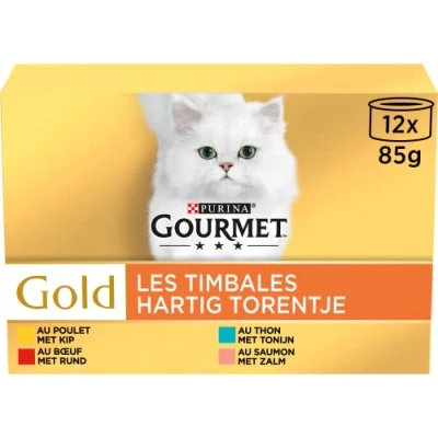 Imagen de Gourmet Gold Les Timbales Masa Gato Carne, Pollo, Salmón, Atún 12 x 85 g Lote de 8 Caja