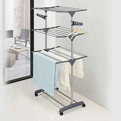 Imagen de Tendedero Ropa Plegable,Estante Tubo Acero Lavanderia Tendero, Vertical, Inoxidable a Prueba de Herrumbre con Alas Laterales,Rejilla secado ala plegable tres capas 72 * 56 152 cm gris