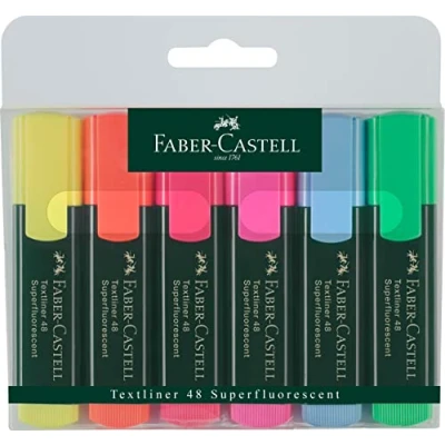 Imagen de Faber Castell 154806 Estuche con 6 marcadores textliner, color amarillo, rosa, azul, verde, naranja, rojo.