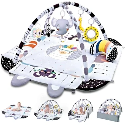 Imagen de TFDER 7 en 1 Gimnasio de Juegos para Bebe, Manta Actividades Antideslizante Infantil, Alfombra Gateo con Arco Juego y Juguetes Sensoriales,Juguetes bebés 0+ meses,Blanco Negro