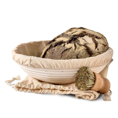 Imagen de Cesta de Fermentación para Pan Banneton Redondo 2 kg 30 cm Hecha Ratán Sostenible Juego con Cepillo, Tela Lino y Bolsa el